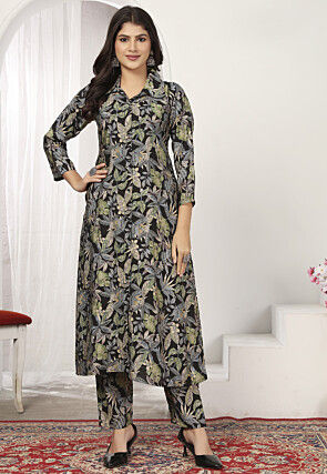 Digital Printed Rayon A Line Kurta Set in Black