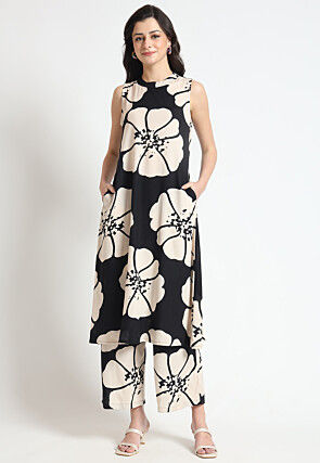 Digital Printed Rayon A Line Kurta Set in Black