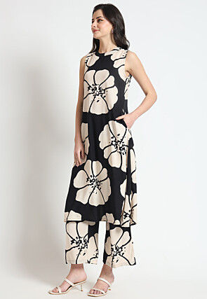 Digital Printed Rayon A Line Kurta Set in Black