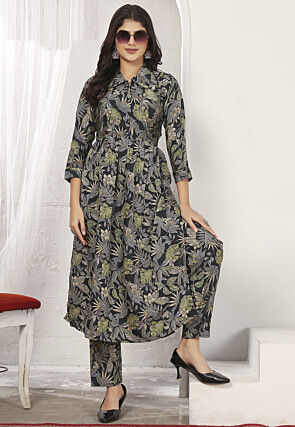 Digital Printed Rayon A Line Kurta Set in Black