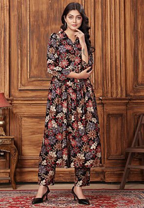 Digital Printed Rayon A Line Kurta Set in Black