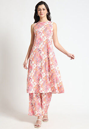 Digital Printed Rayon A Line Kurta Set in Cream