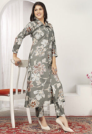 Digital Printed Rayon A Line Kurta Set in Grey