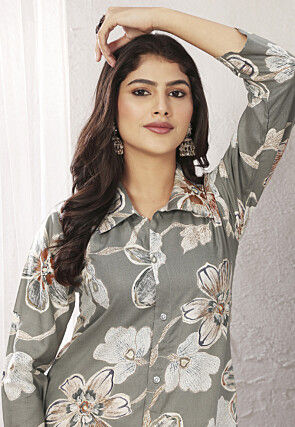 Digital Printed Rayon A Line Kurta Set in Grey