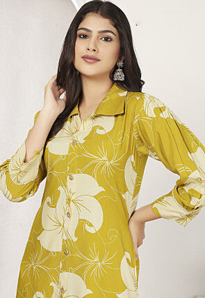 Digital Printed Rayon A Line Kurta Set in Yellow