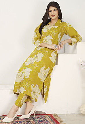 Digital Printed Rayon A Line Kurta Set in Yellow