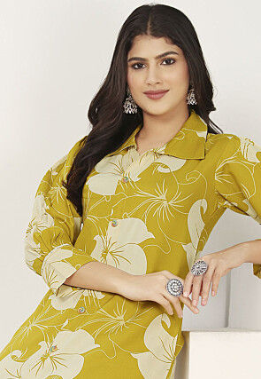 Digital Printed Rayon A Line Kurta Set in Yellow