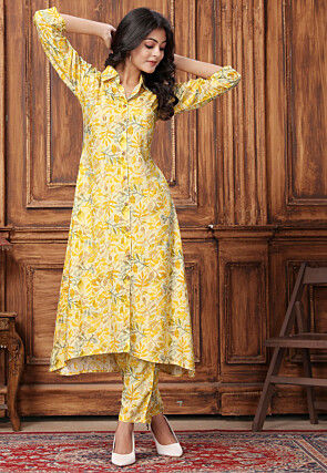 Digital Printed Rayon A Line Kurta Set in Yellow