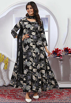 Digital Printed Rayon A Line Suit in Black