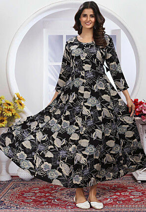 Digital Printed Rayon A Line Suit in Black