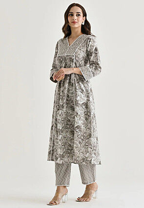 Digital Printed Rayon A Line Suit in Grey