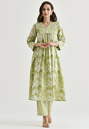 Digital Printed Rayon A Line Suit in Light Green