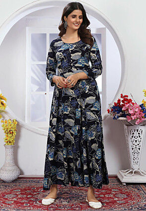 Digital Printed Rayon A Line Suit in Navy Blue