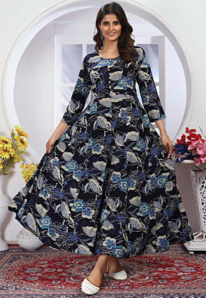 Digital Printed Rayon A Line Suit in Navy Blue