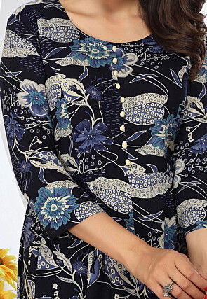 Digital Printed Rayon A Line Suit in Navy Blue