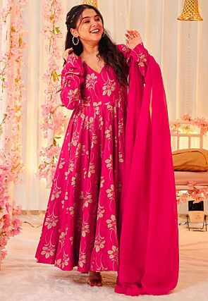 Digital Printed Rayon Abaya Style Suit in Fuchsia