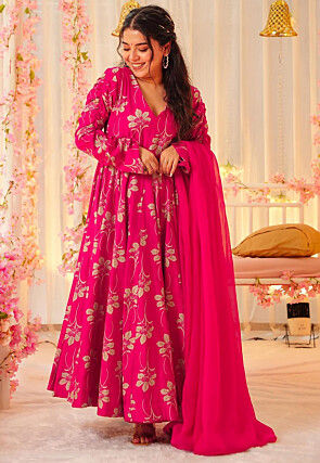 Digital Printed Rayon Abaya Style Suit in Fuchsia