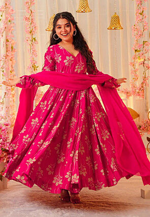 Digital Printed Rayon Abaya Style Suit in Fuchsia
