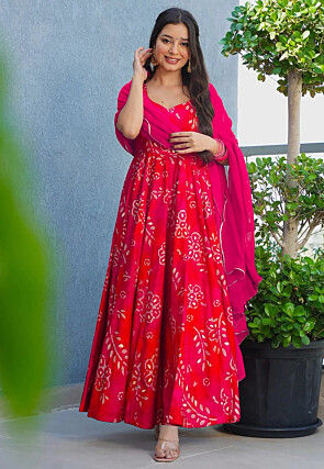 Batik Printed Rayon Abaya Style Suit in Fuchsia