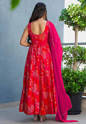 Batik Printed Rayon Abaya Style Suit in Fuchsia