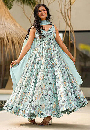 Digital Printed Rayon Abaya Style Suit in Light Blue