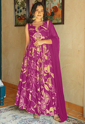 Digital Printed Rayon Abaya Style Suit in Magenta