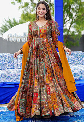 Digital Printed Rayon Abaya Style Suit in Multicolor