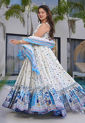 Digital Printed Rayon Abaya Style Suit in Off White