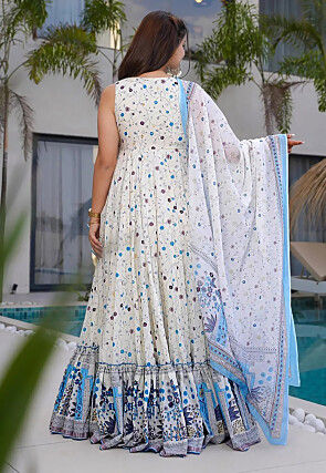 Digital Printed Rayon Abaya Style Suit in Off White