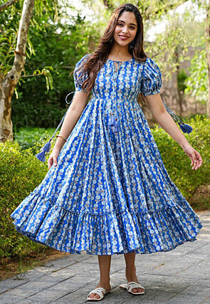 Digital Printed Rayon Aline Dress in Blue