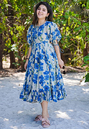 Digital Printed Rayon Aline Dress in Cream and Blue