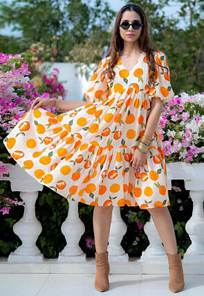 Digital Printed Rayon Aline Dress in Cream