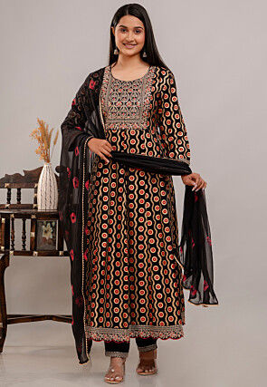 Digital Printed Rayon Anarkali Suit in Black