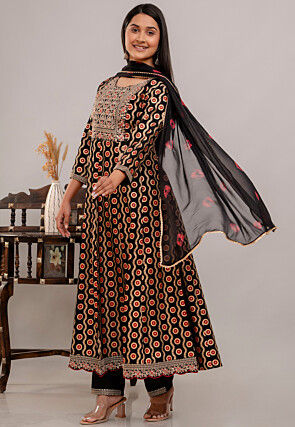Digital Printed Rayon Anarkali Suit in Black