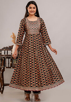 Digital Printed Rayon Anarkali Suit in Black