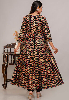 Digital Printed Rayon Anarkali Suit in Black
