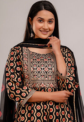 Digital Printed Rayon Anarkali Suit in Black