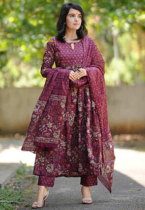 Digital Printed Rayon A Line Suit in Maroon