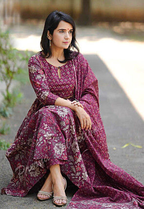 Digital Printed Rayon A Line Suit in Maroon