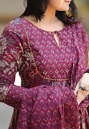 Digital Printed Rayon A Line Suit in Maroon