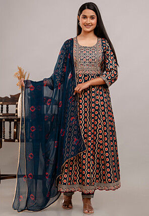 Digital Printed Rayon Anarkali Suit in Teal Blue