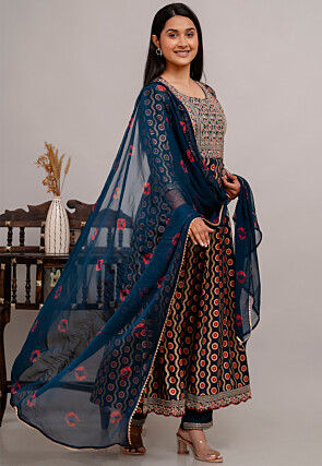 Digital Printed Rayon Anarkali Suit in Teal Blue