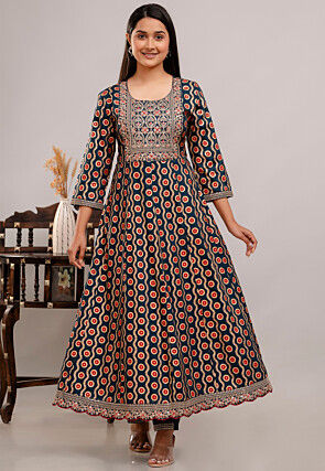 Digital Printed Rayon Anarkali Suit in Teal Blue
