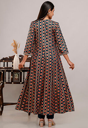 Digital Printed Rayon Anarkali Suit in Teal Blue