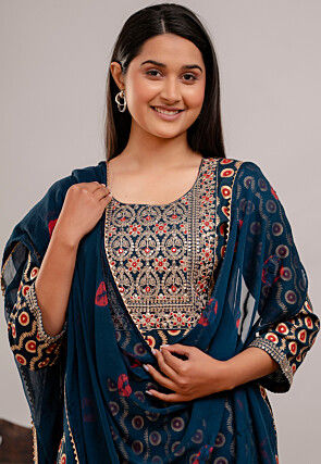 Digital Printed Rayon Anarkali Suit in Teal Blue
