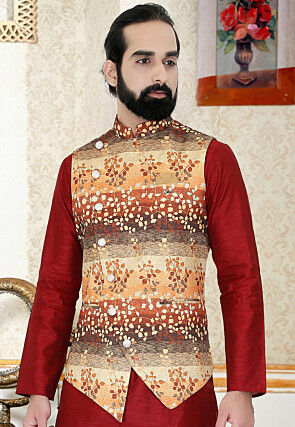 Digital Printed Rayon Asymmetric Nehru Jacket in Multicolor
