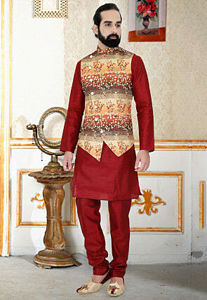 Digital Printed Rayon Asymmetric Nehru Jacket in Multicolor