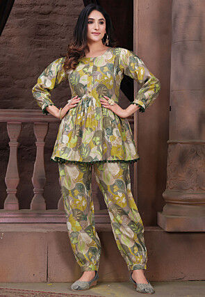 Digital Printed Rayon Co Ord Set in Beige and Green