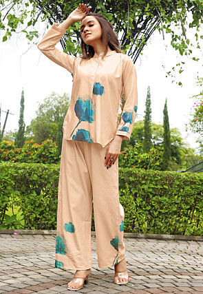 Digital Printed Rayon Co Ord Set in Beige