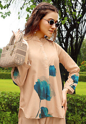 Digital Printed Rayon Co Ord Set in Beige